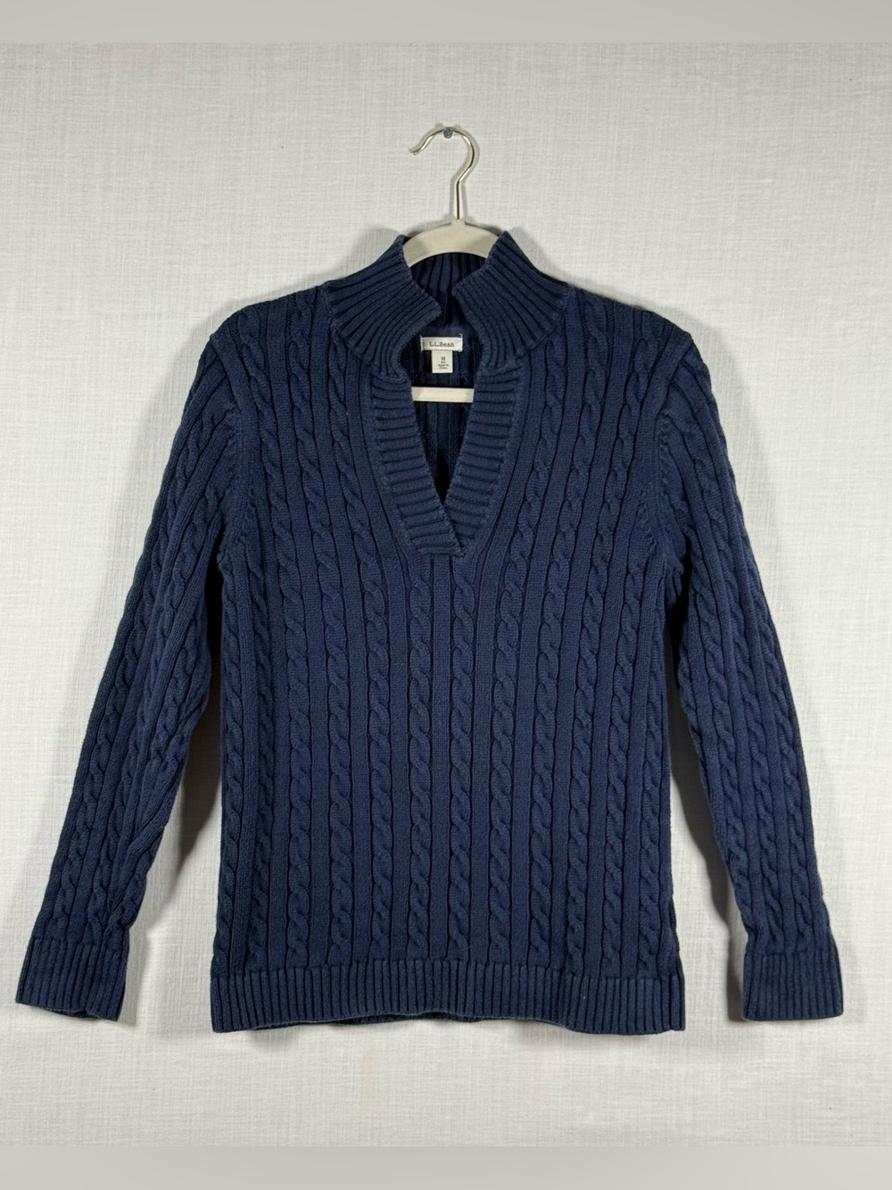 LL Bean Women’s Navy Blue Cotton Cable Knit Shawl Collar Sweater Medium - Picture 3 of 9
